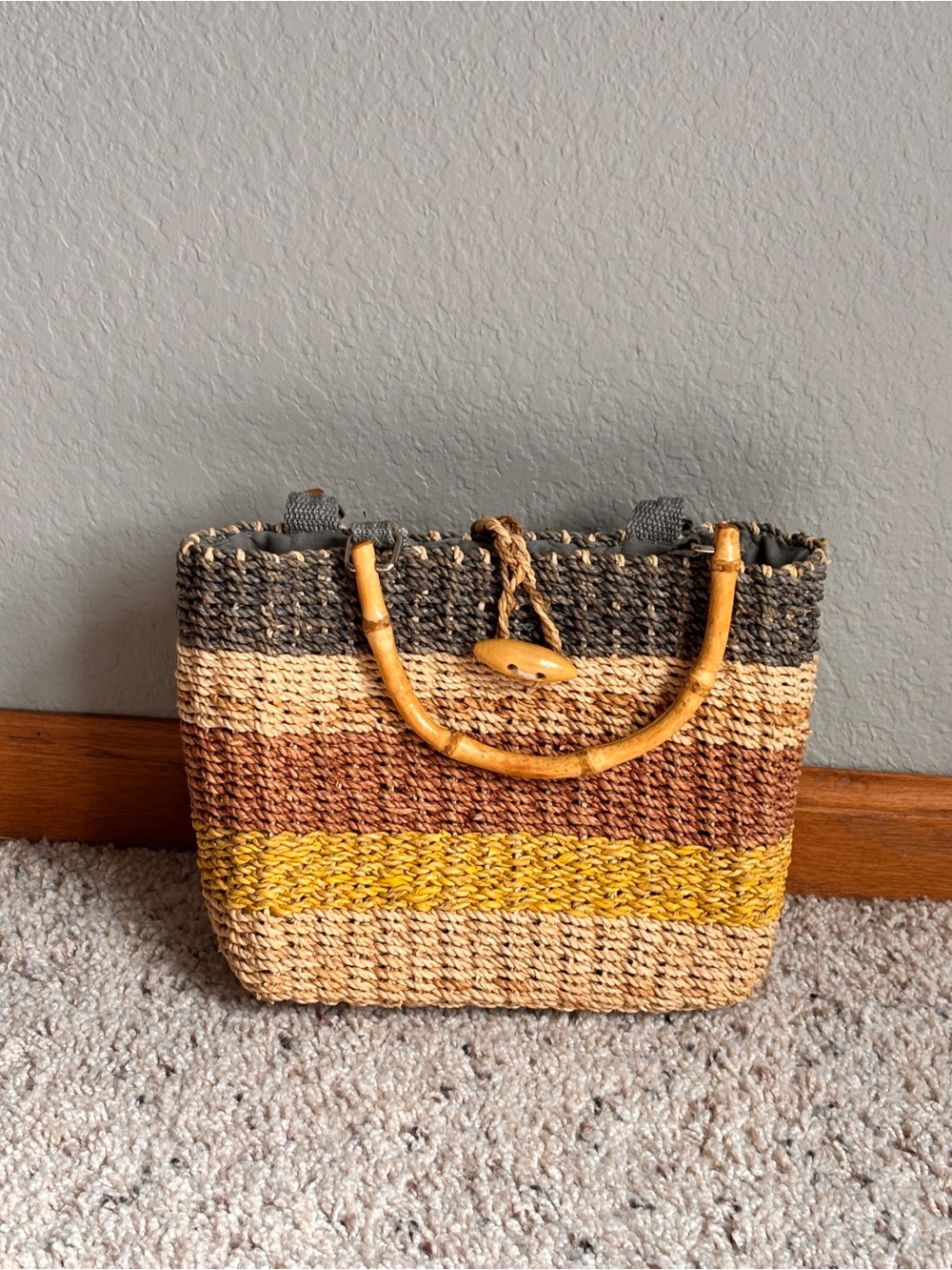 Faded Glory Striped Woven Mini handbag Brown, Tan, Yellow with bamboo handles